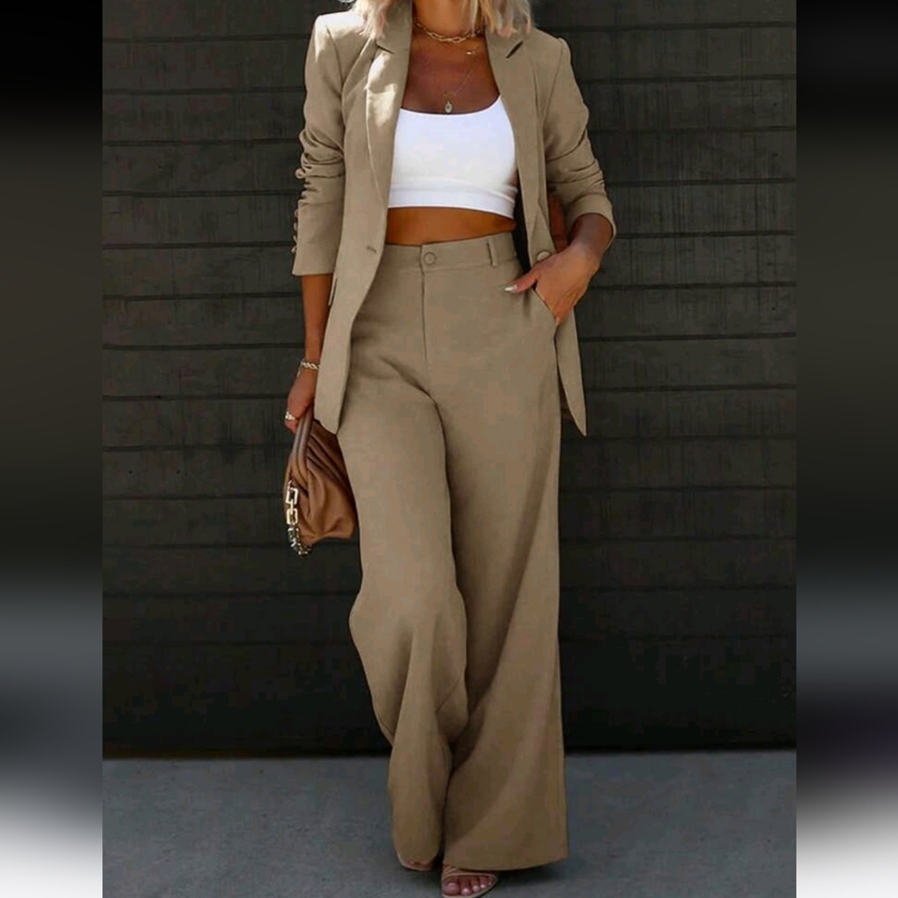 Women's Spring/Autumn Lapel Collar Elegant Blazer & Pants Set, Suitable For Dail